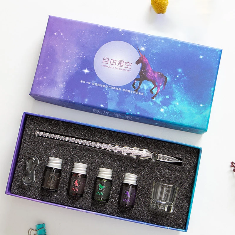 

3Pcs Set Crystal Glass Pen Starry Sky Unicorn Dip Pen Glitter Powder Fountain Pen Ink Box Set Writing Supplies