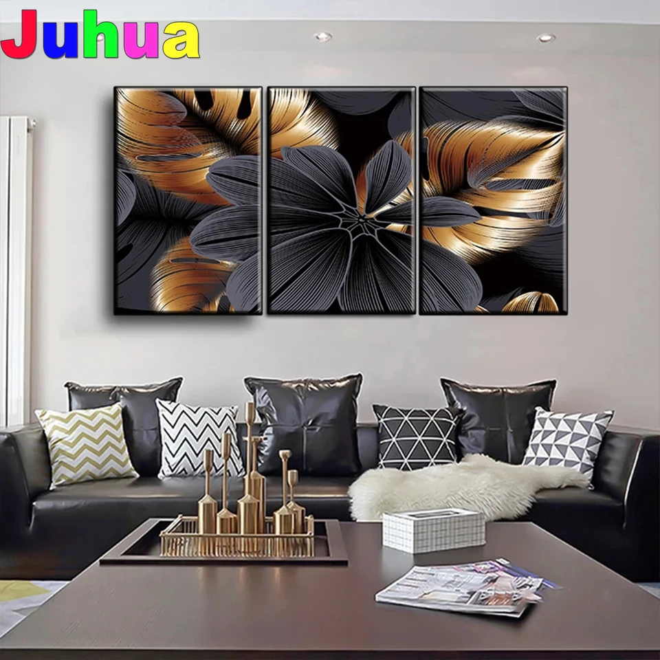 Алмазная живопись сделай сам с золотыми и черными листьями мозаика из страз