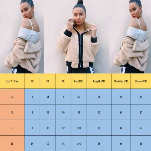 

Women Long Sleeve Fleece Slim Winter Warm Short Plush Patchwork Coats Zip Up Jacket