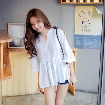 Fashion V neck Blouse Button Sweet Girl's Shirts Women's Loose Shirts Casual White tops 1