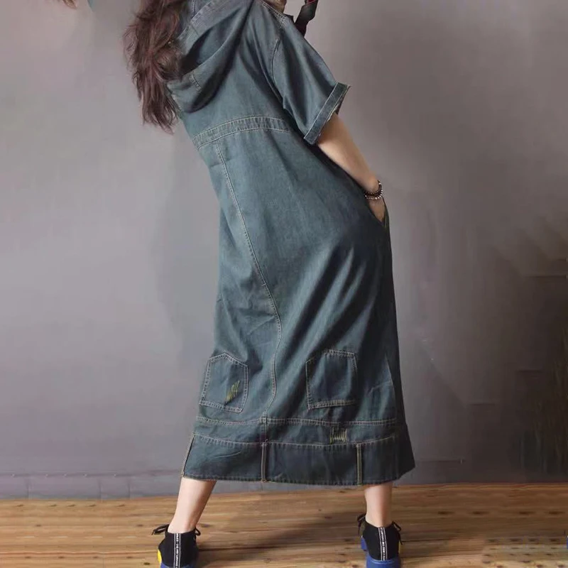 

IEQJ Women Retro Casual Big Size Dark Blue Hooded Mid-length Denim Dress New Half Sleeve Loose Fashion Tide Summer 2021 3F0403