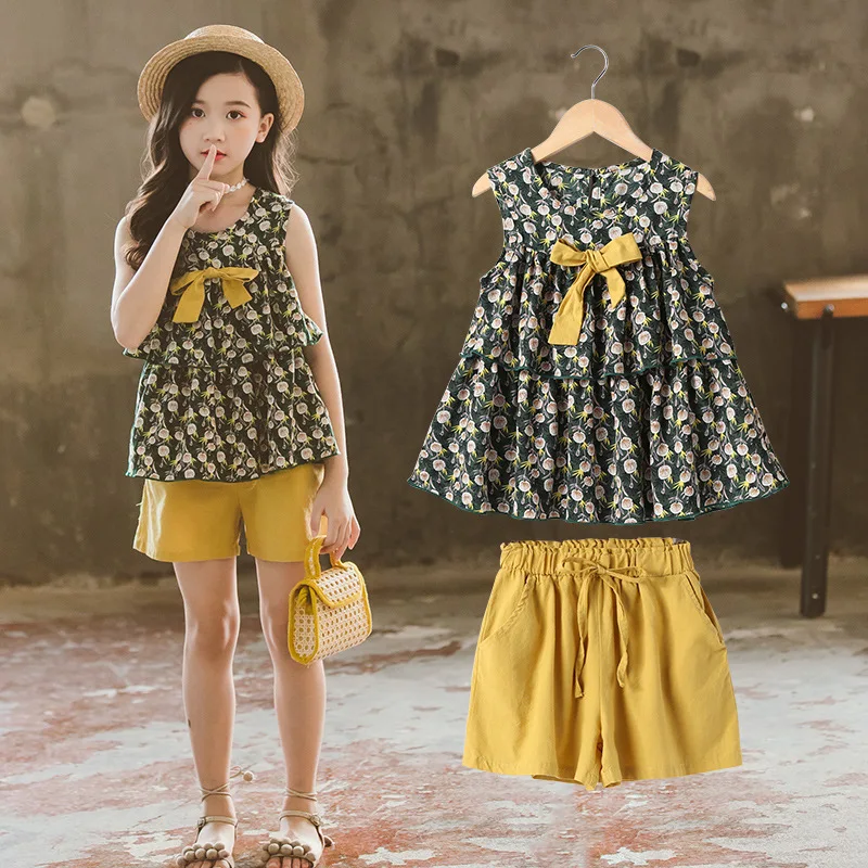 

Summer Girl Sleeveless Floral Ruffle Vest With Shorts Fashion Layers Fluffy Hem Tops Sets Teenage Casual Streetwear Date Costume