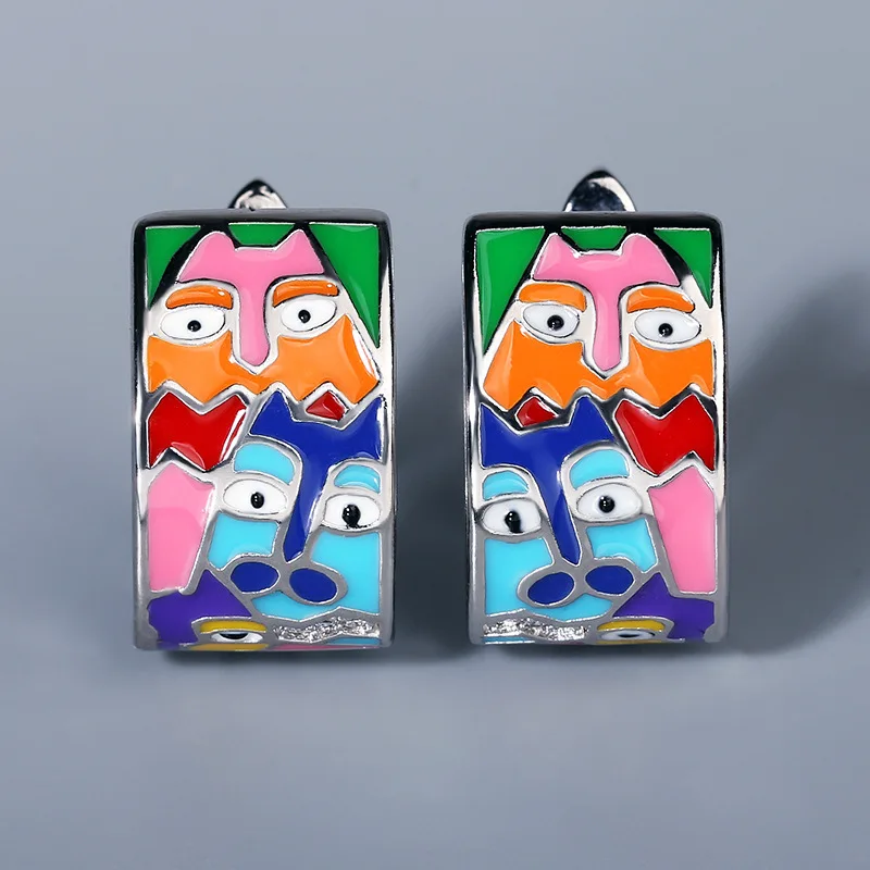 

VEEMY New Style Colorful Enamel Face Silver Earrings for Women 2021 Vintage Jewelry Ladies Party Fashion Accessories