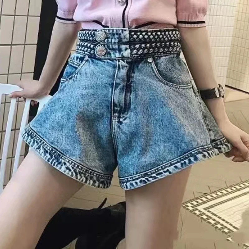 

TWOTWINSTYLE Casual Solid Denim Shorts For Women High Waist Patchwork Pockets Loose Pants Female Summer Fashion New 2021 Stylish