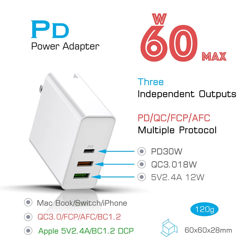 60 Вт быстрое зарядное устройство PD + QC 3 0 Type C USB для iPhone Samsung Xiaomi Huawei FCP настенное
