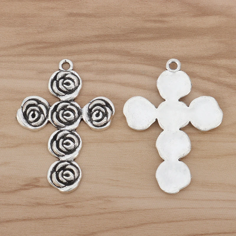 

6 Pieces Large Rose Flower Religious Cross Crucifix Charms Pendants for Necklace Jewelry Making Findings 53x39mm