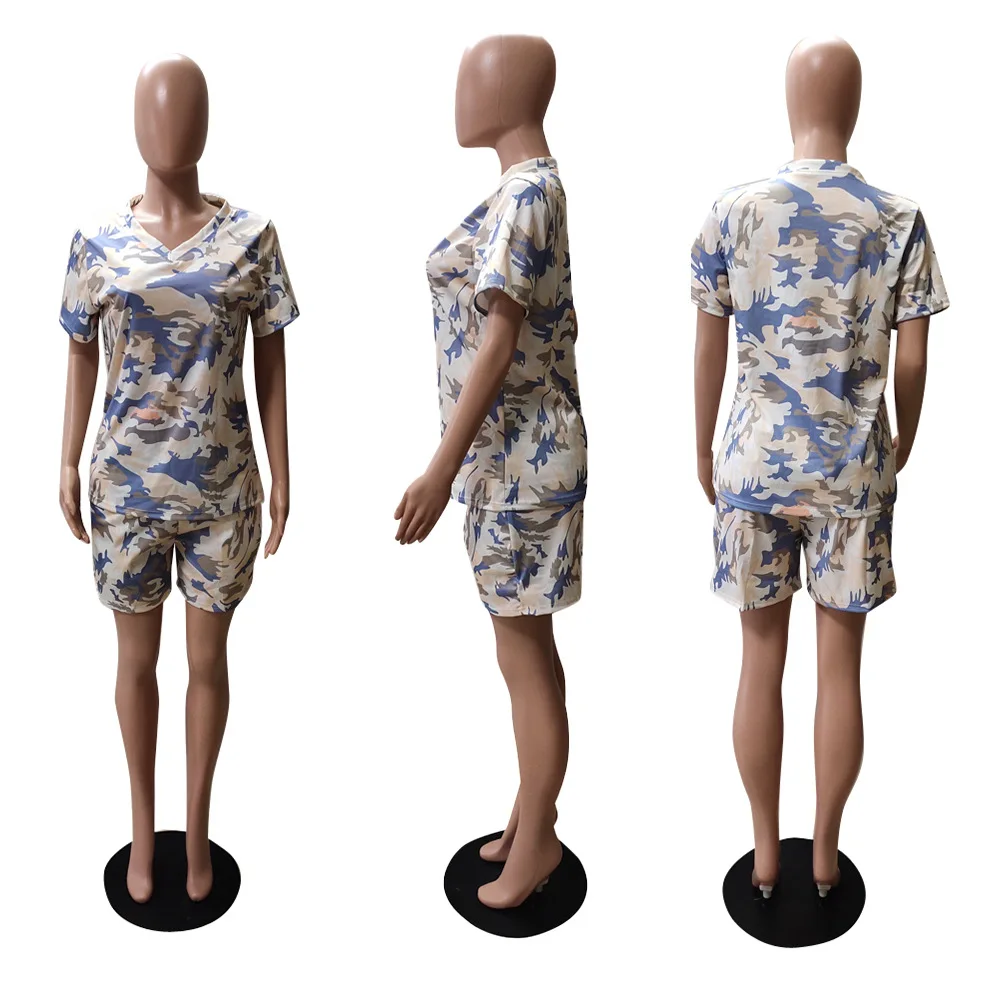 

Camouflage Printing Women Casual Tracksuits 2021 Summer Hot Selling High Waist Biker Shorts + V-neck Loose T-shirts Outfits