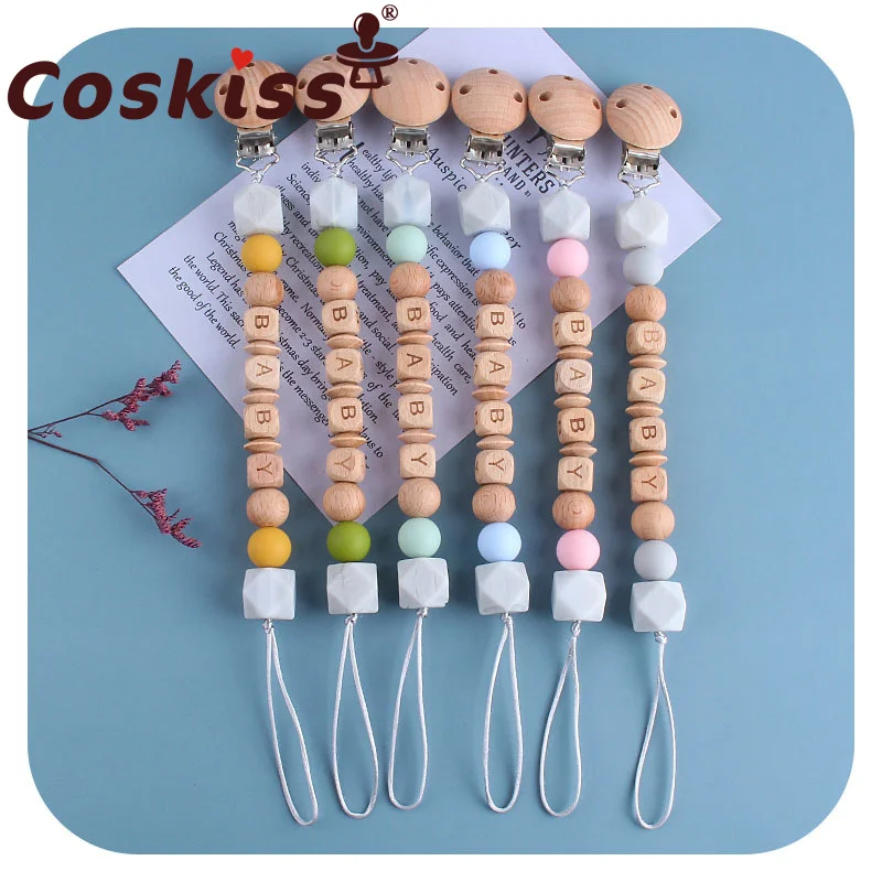 Coskiss de silicona DIY beb&eacute; Clip de madera para chupete y madera de haya alfabeto Cadena de chupete dentici&oacute;n del beb&eacute; suave juguetes de regalo-0