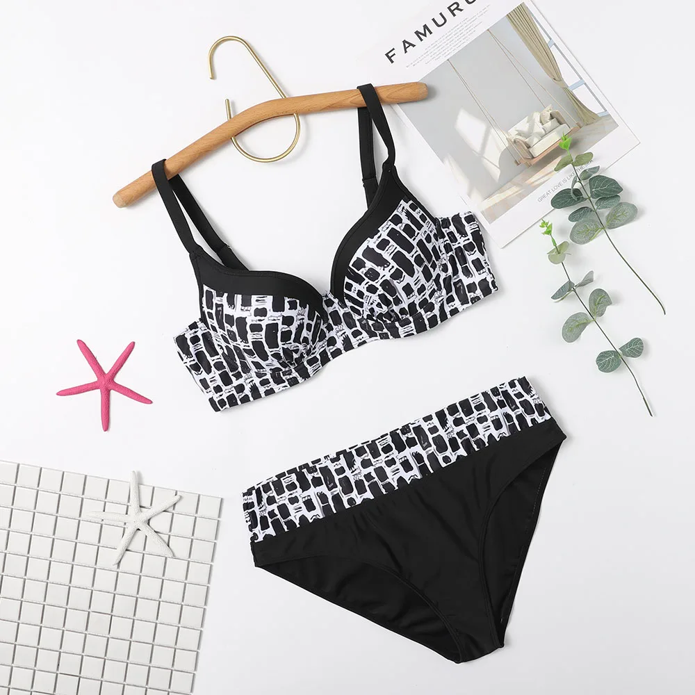 

Бикини пуш-ап женское с высокой талией и принтом, батальных размеров