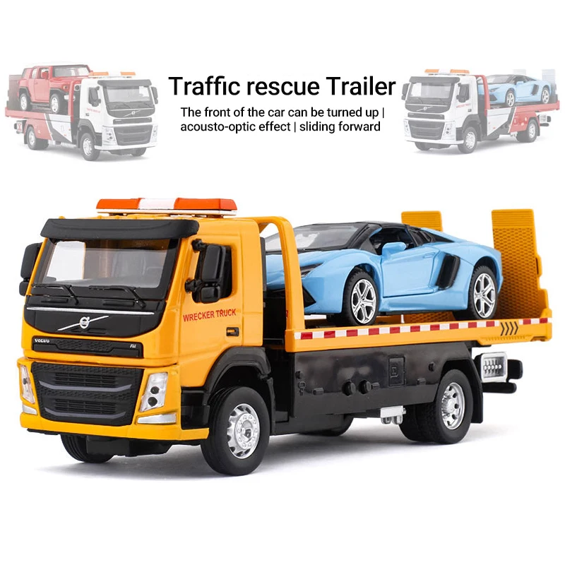

High Simulation Flat Panel Trailer Truck Alloy Car Model Transport Vehicle Wreck Car Model With Sound and Light For Children