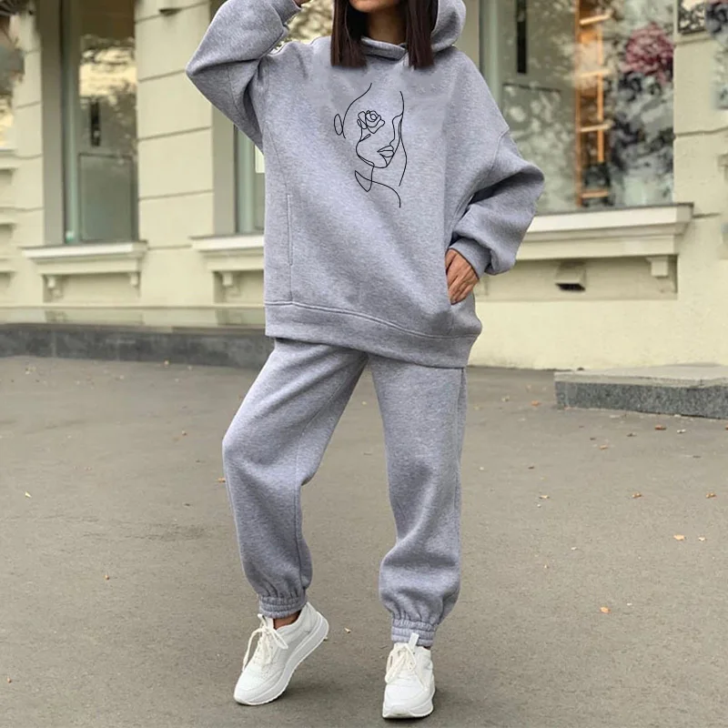 

Print Oversized Hoodie 2 Piece Sets Women Fleece Tracksuit Long Sleeve Hooded Suit Female 2021 New Casual Sport Pants Lady Set