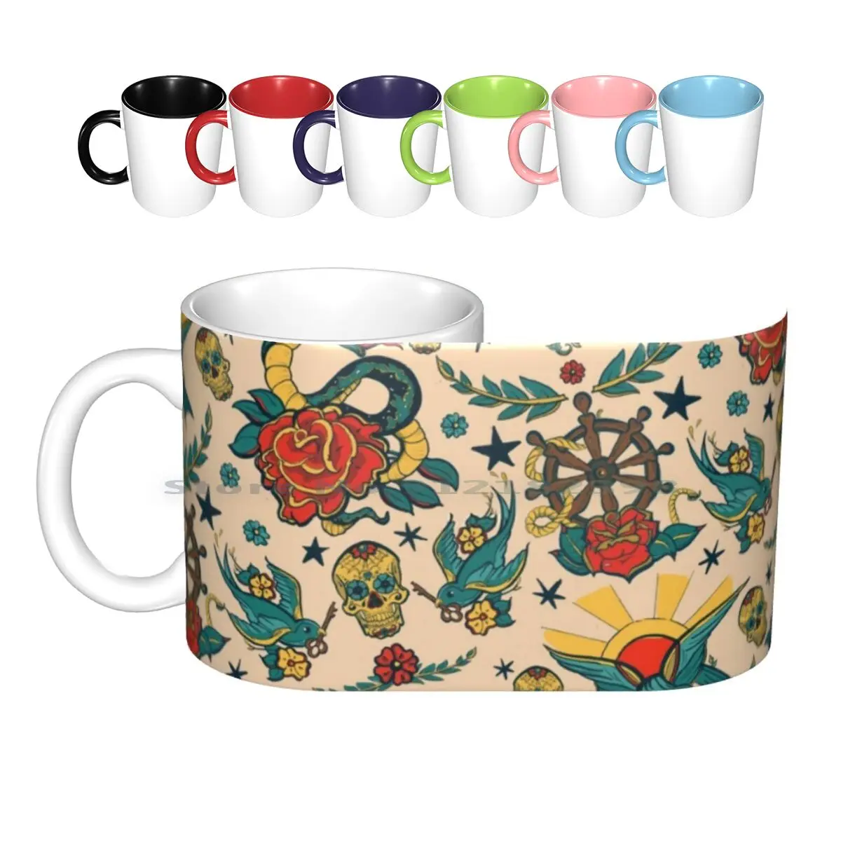Керамические кружки в стиле панк с рисунком татуировки и иллюстрацией кофейные