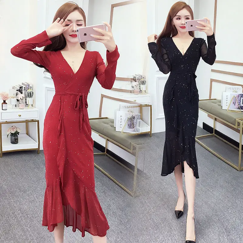 

Women 2021 Spring Autumn Elegant Office Dresses Female Long Sleeve V Neck Vintage Bodycon Mermaid Vestidos Casual Dress Z275