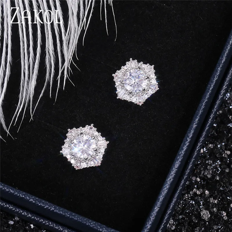 Женские серьги-гвоздики ZAKOL классические круглые серьги с фианитами ААА