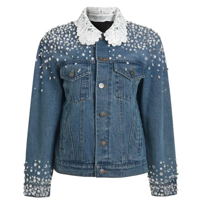 

Fashion Women's Spring Autumn Diamond-Studded Stitching Lace Denim Jacket Lapel Long Sleeve Single Breasted Jean Coat Female