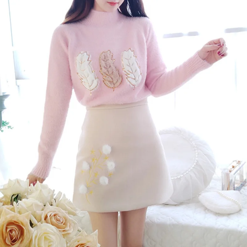 

Новый модный осенний костюм высокого качества для девочек, свитер и юбка, теплый вязаный Топ с высоким воротником и золотыми блестками с выш...