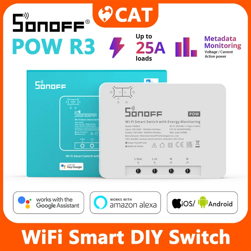 

SONOFF POWR3 WiFi Smart DIY Switch 25A 5500W Power Metering Overload Protection Works With eWelink APP Alexa Voice Control New