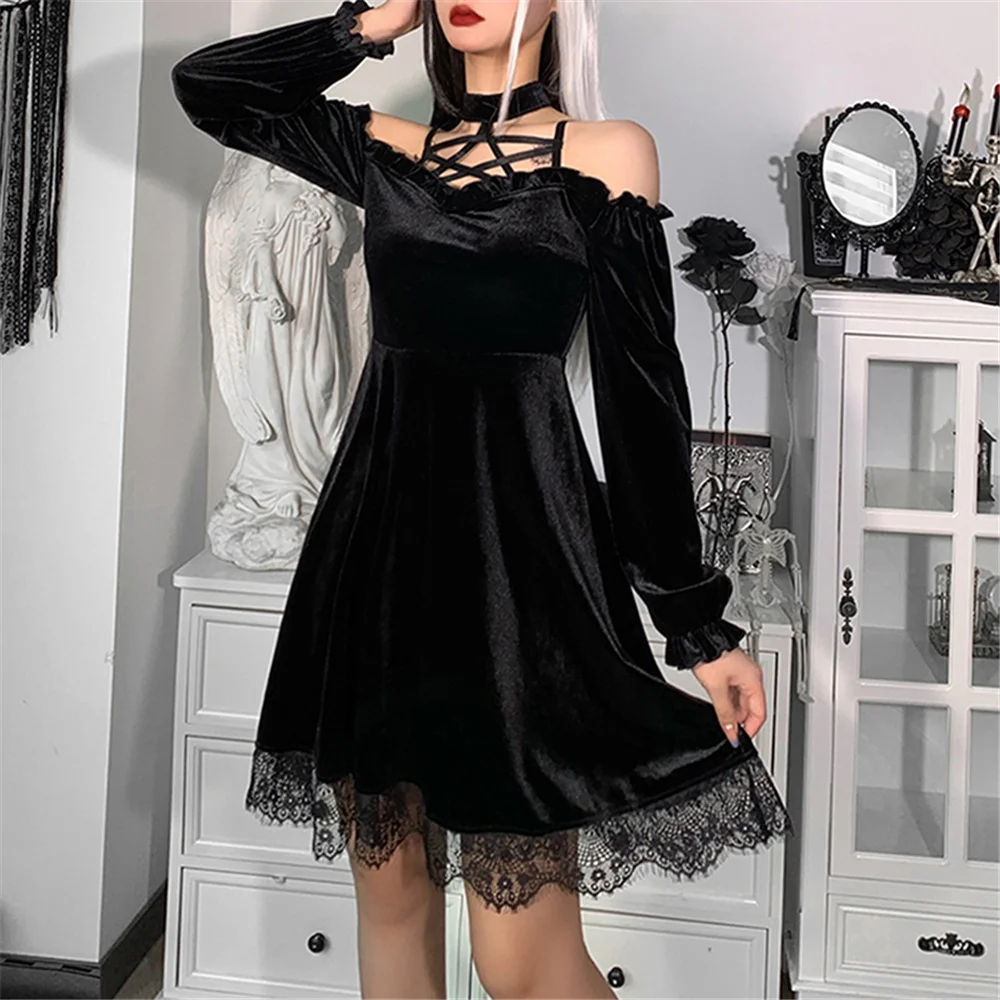 

Women Sexy Gothic Dress Black Crisscross Neck-Mounted Off-Shoulder Lace Trim Long Sleeve Vestidos Party Spring Autumn