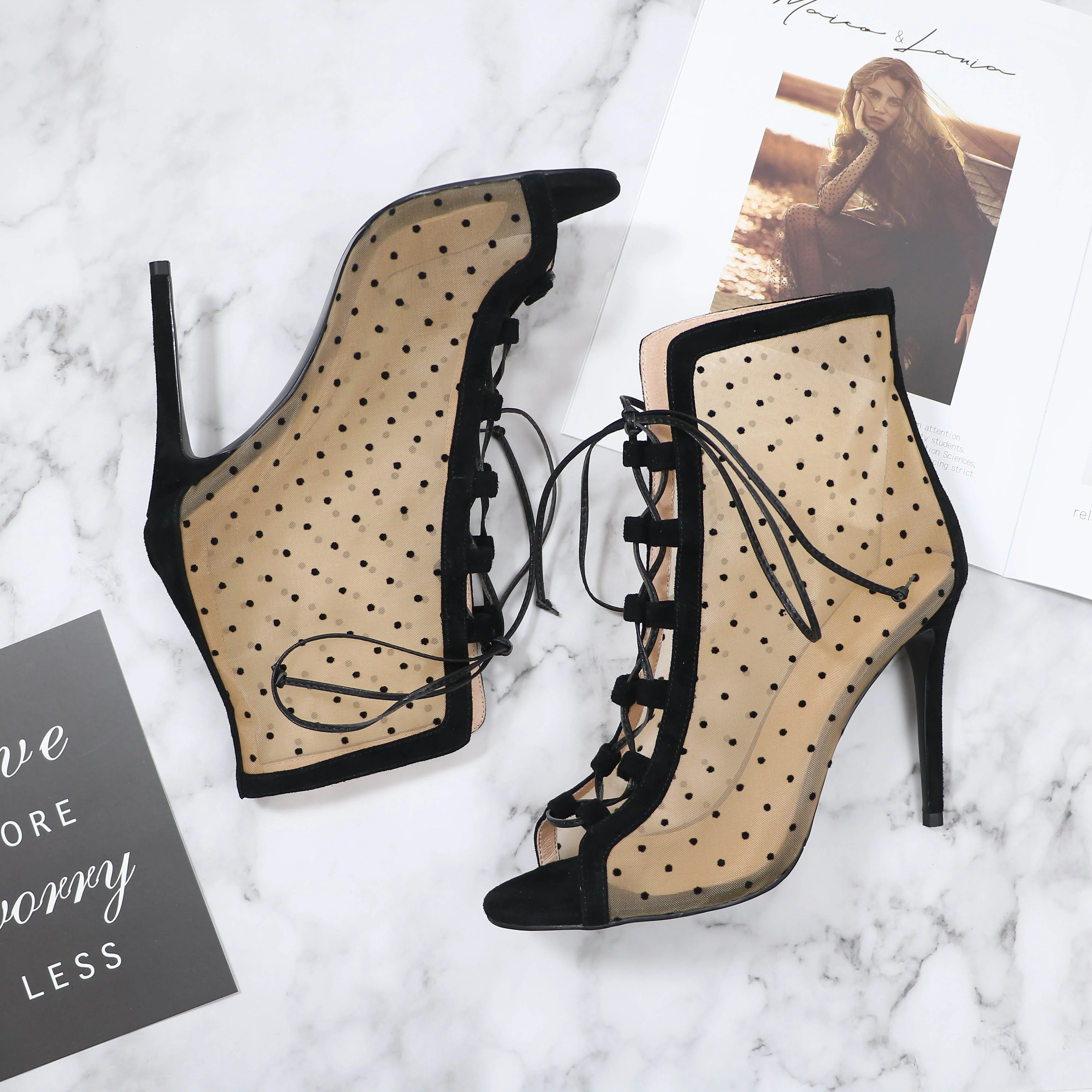Jual Roni Bouker Lady Fashion Desain Sepatu Wanita Hitam Polka Dot Musim Panas Sepatu Bot Wanita Lace-UP Sepatu Hak Tinggi Peep Toe Sepatu Semata Kaki