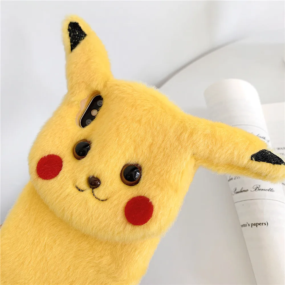 Пушистый чехол для телефона iPhone 11 Pro Max милый плюшевый бампер Pika противоударный