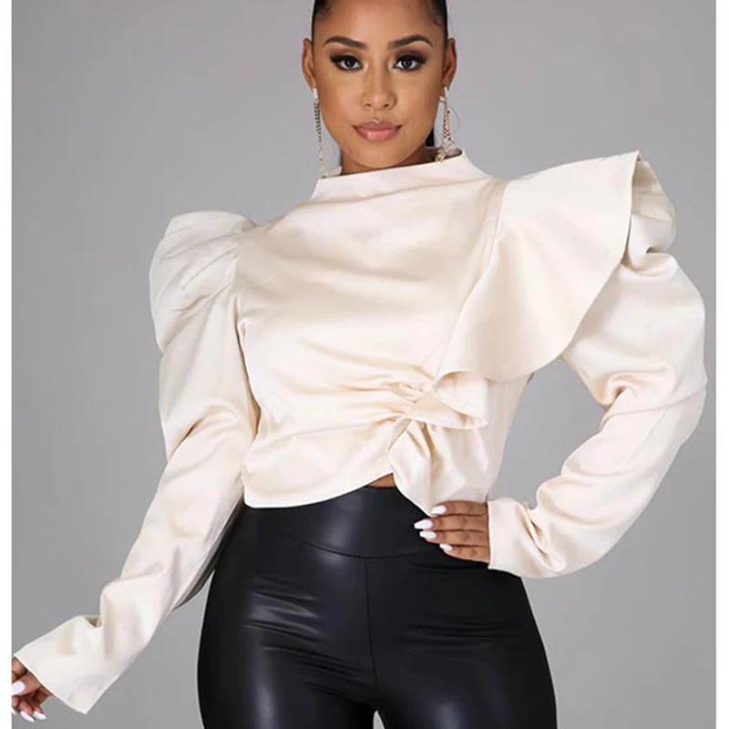 

T Shirt Women Long Sleeved Black Commuter Shirt Back Cardigan Zipper Design 2021 Elegant Ruffled High Neck Solid Color Top Sexy