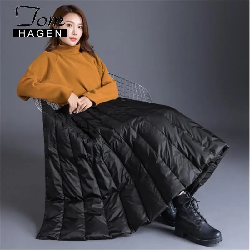 Женская зимняя пуховая юбка теплая Длинная шерстяная трапециевидная черная с