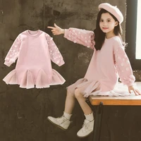 2022 new arrival ruffle lace sweatshirts dress winter autumn children petal sleeves thick pink sweatshirt for girls warm clothes