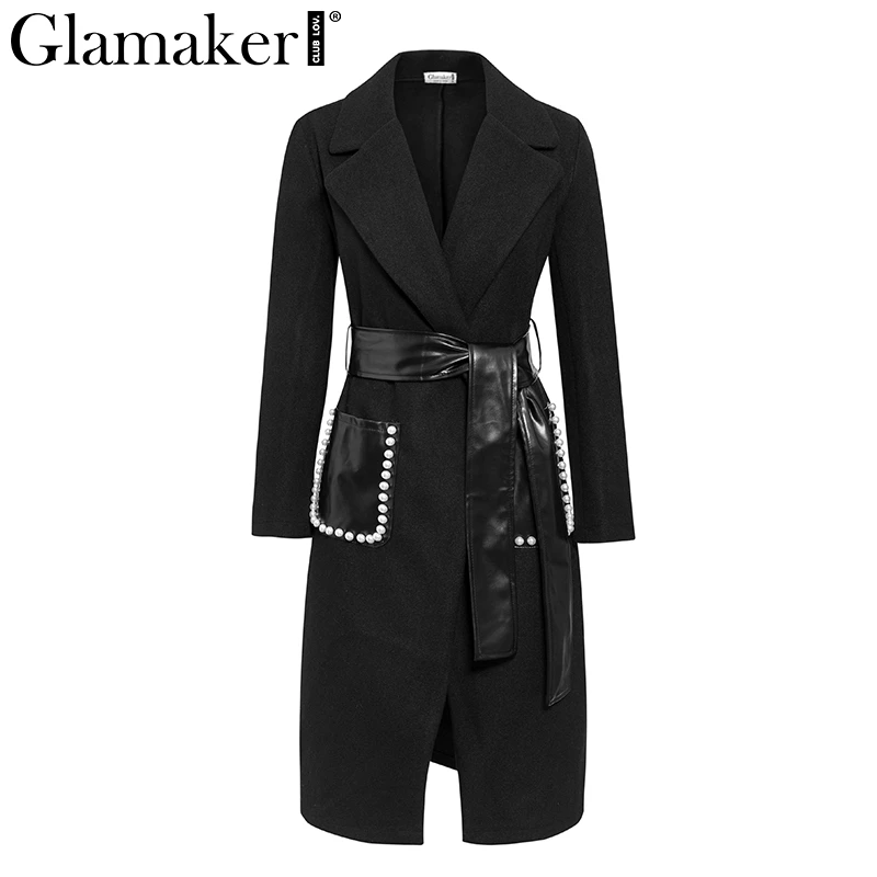 Черный Glamaker, жемчужный карман, сексуальное длинное пальто для женщин, черное, длинный рукав, пояс, теплая верхняя одежда для женщин, Осень-зима, отложной воротник, элегантное пальто - Цвет: Черный