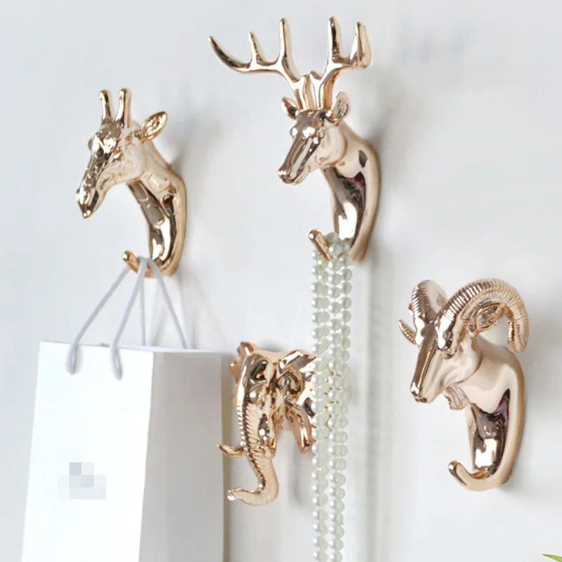

Golden Wildlife Coat Hook Animal Nordic Deer Head Pattern Resin Crafts Nail-free Key Hanger Wall Storage Hooks