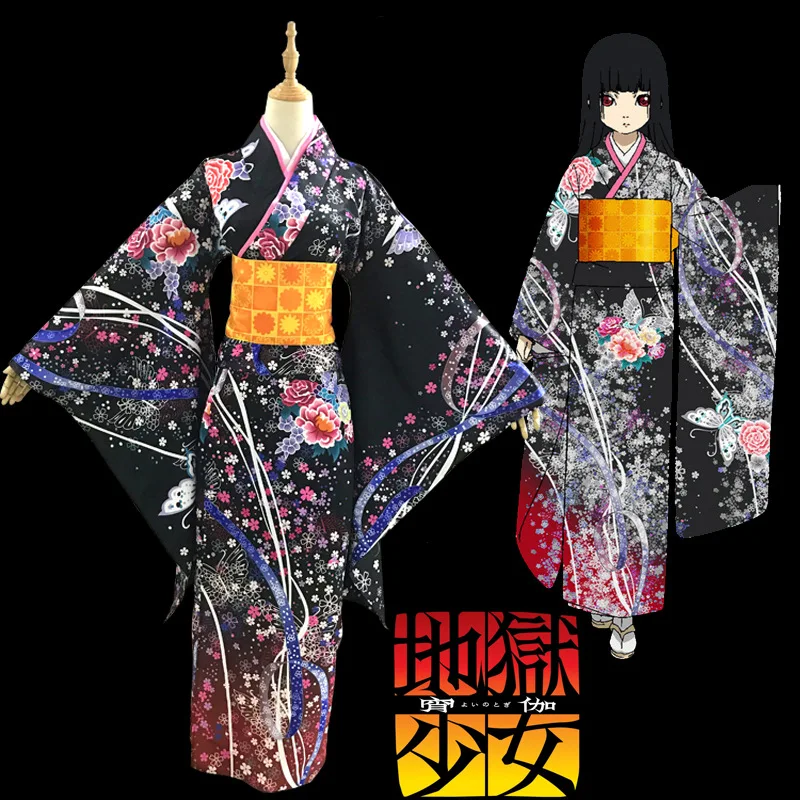 

Long Style Kimono Costume Cosplay Hell Girl Anime Cosplay Japanese Style 4pcs Kimono Enma Ai Cos For Girls Woman Cloth