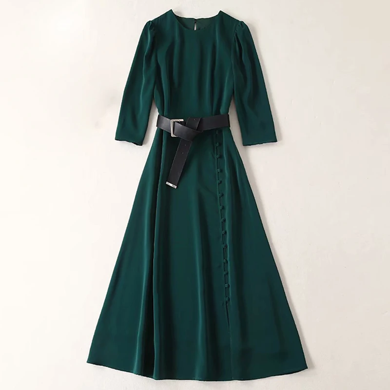 QUALITY Newest HIGH Fashion 2021 Runway Dress Women's O-Neck Long sleeve Button Sashes dress
