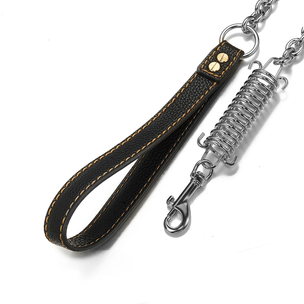 

15mm Wide Stainless Steel Dog Chain Collar Pet Neck Leash with Black Leather Cord Choke Slip Chain Walking Training