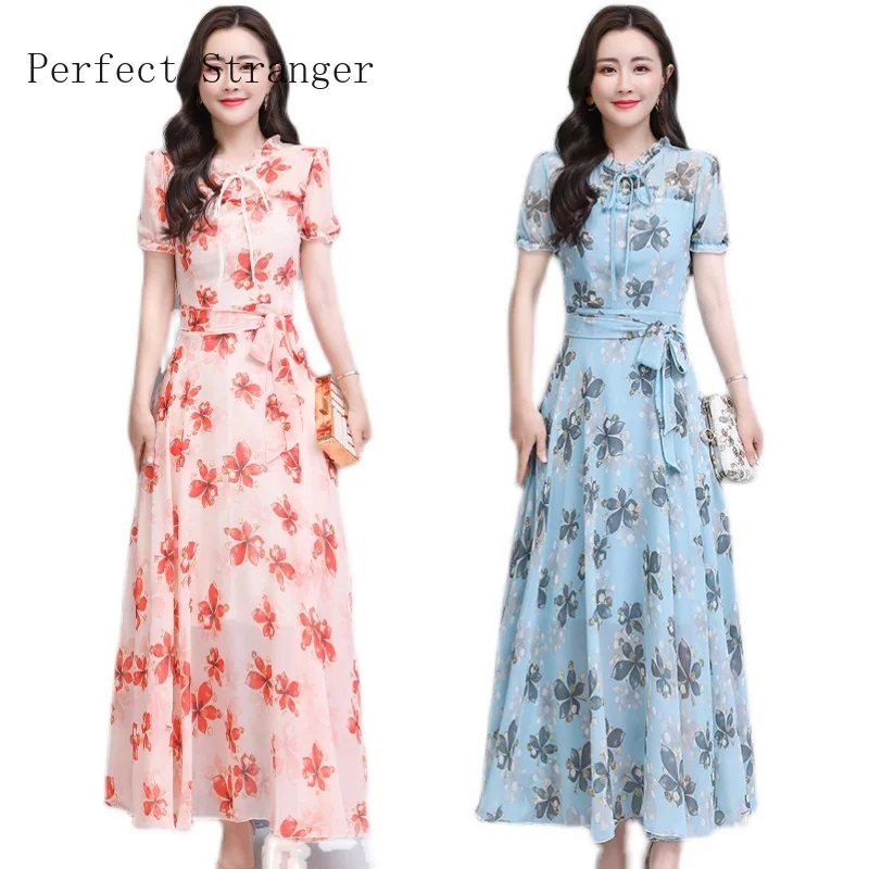 

High Quality 2021 Summer Dress For Women Bow Collar Floral Printed Short Sleeve Women Chiffon Long Dress Plus Size
