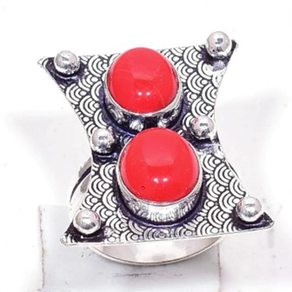 

Genuine Coral Ring Silver Overlay over Copper, Hand Made Women Jewelry gift ,Size : 9.5, R6902