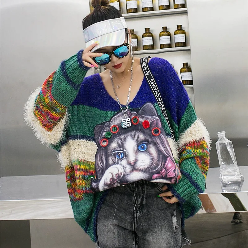 QING MO Animal Cat Print Women Sweater 2022 Spring New V-Neck Pullover Hit Color Striped Blue QYF103A | Женская одежда
