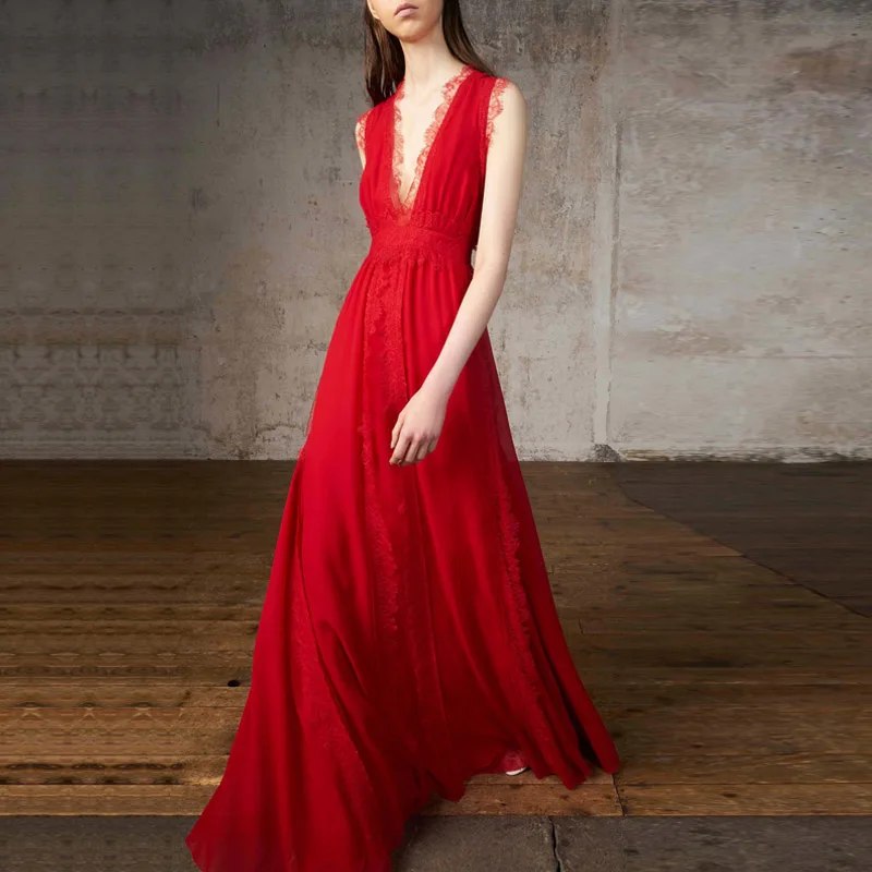 

Red dress Hepburn New wind restoring ancient ways fairy v neck dress chic tender female French lace of the dress
