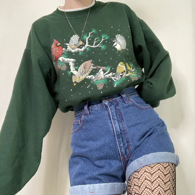 

Hirigin 2021 Autumn Vintage Grunge Loose Tops Y2K Aesthetic 90s Green Chic Outfits Cartoon Print Harajuku Joggers Sweatshirts
