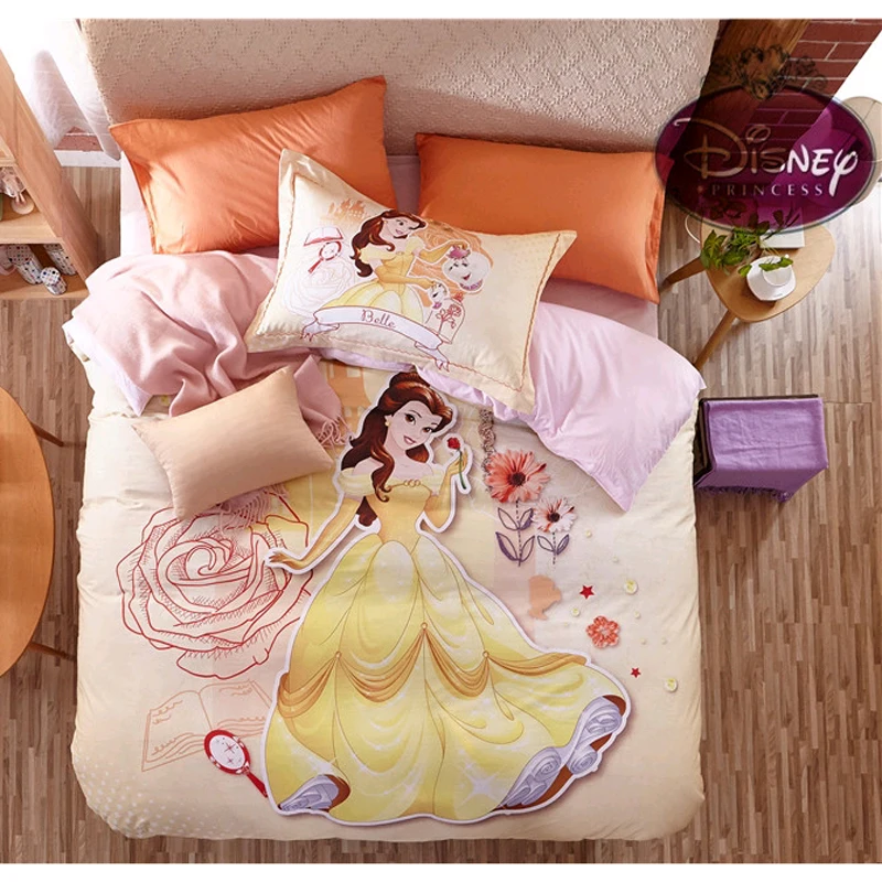 Disney Princess Bella Pattern Yellow Bedding Set for Girls Bedroom Decoration Duvet Quilt Cover Pillowcase Bed Sheet Home Fabric
