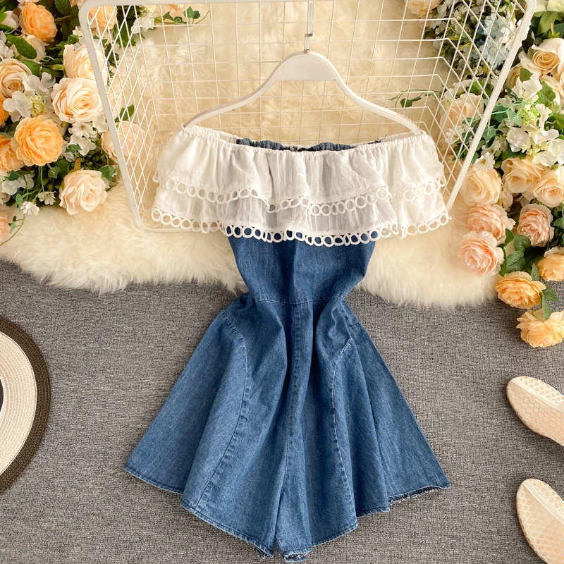 Женский джинсовый комбинезон в стиле ретро с коротким рукавом модный сетчатый