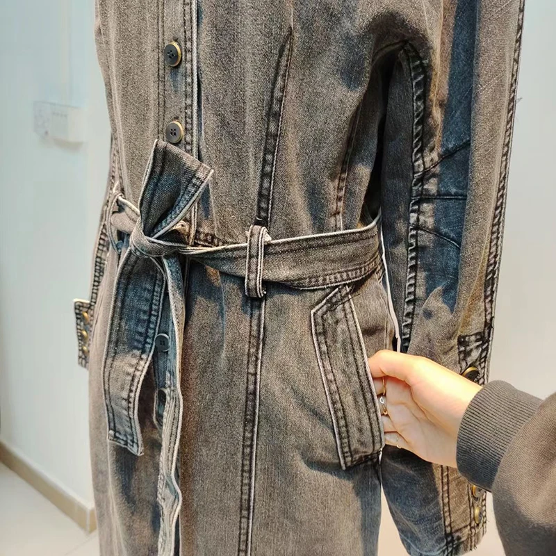 

VGH Casual Denim Jumpsuit For Women O Neck Long Sleeve High Waist Lace Up Bowknot Minimalist Jumpsuits Female Fashion New Style