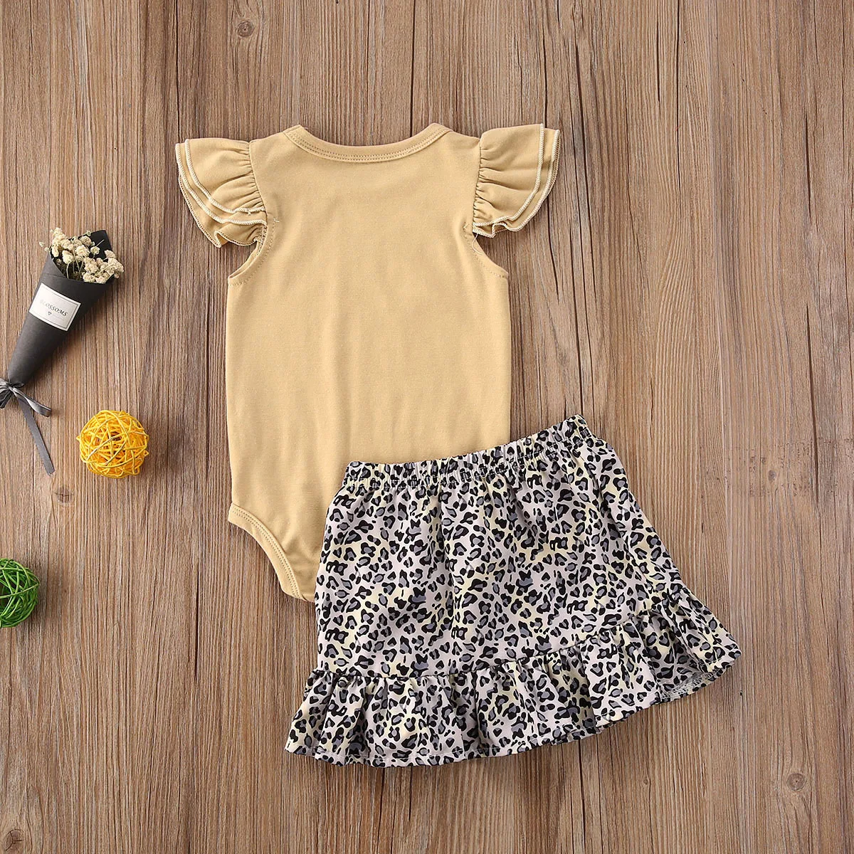 

Baby Girl Sleeveless Top Solid Rompers Leopard Skirt Toddler 2PCS Kids Cotton Suits