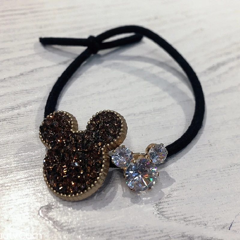 Disney Mickey Head Rope Korean Luxury High Quality Rhinestone Crystal Rubber Band Hair Tie Fairy Ring Doll Accessories Girl |