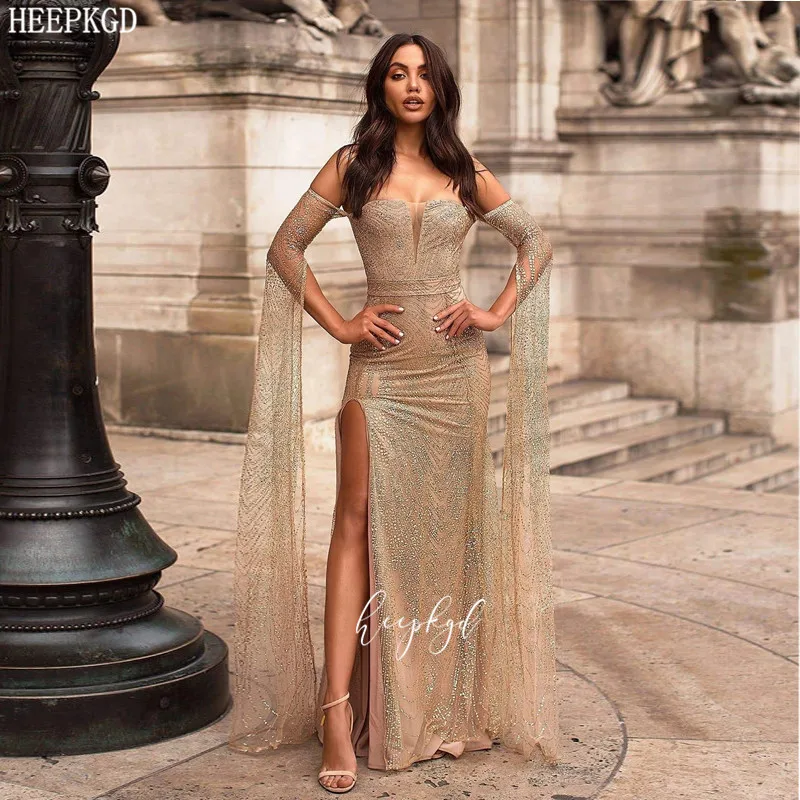 

Golden Glitter Long Sleeves Saudi Arabic Evening Dress Off The Shoulder Side Slit Sexy Prom Gowns Plus Size Graduation Dresses