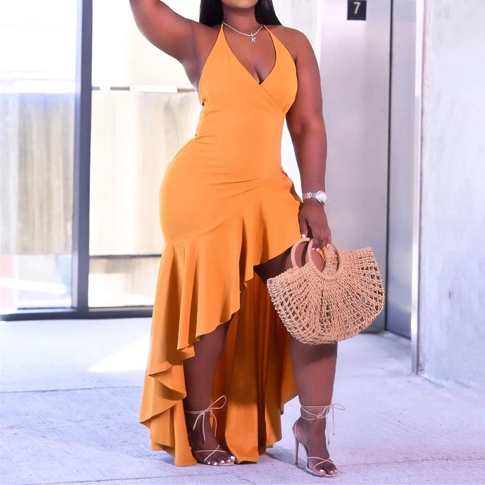 

Пикантные красные вечерние гофрированное платье глубоким вырезом, летнее платье без рукавов длиной макси халат с юбкой-годе в африканском ...