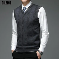 new autum fashion brand solid 6 wool pullover sweater v neck knit vest men trendy sleeveless casual top quality men clothing