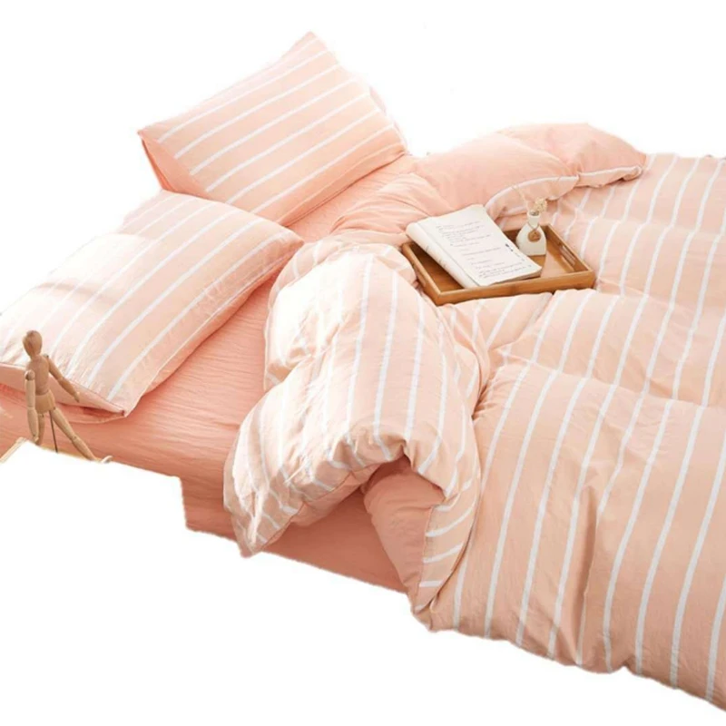 

Home Textile Washed Cotton Bedding Sets 4PCS Modern Simple Bed Linen Bedding Quilt Cover With Pillowcases Solid Color Stripe