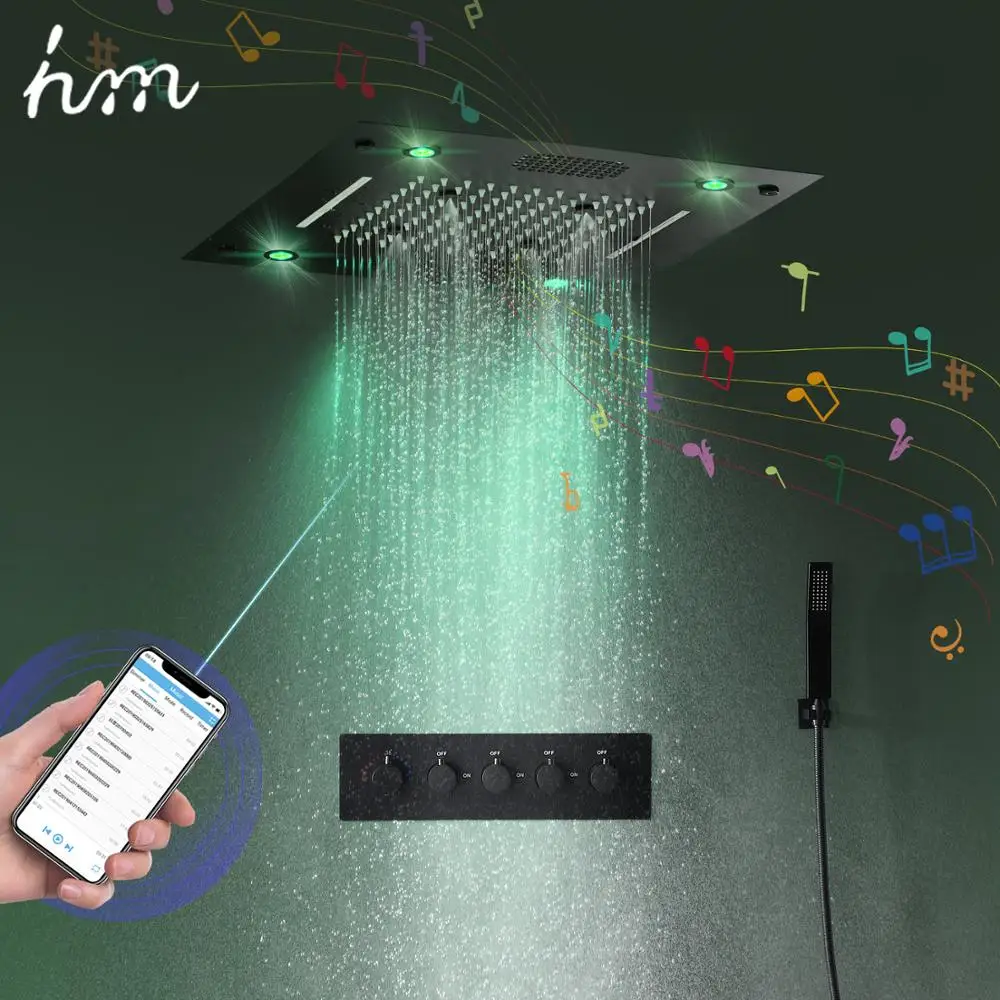 Hm 2020 חדש מוסיקה מקלחת אמבטיה מערכת חכם LED תאורה קשת מפל תרמוסטטי 16 אינץ מקלחת ברז סט
