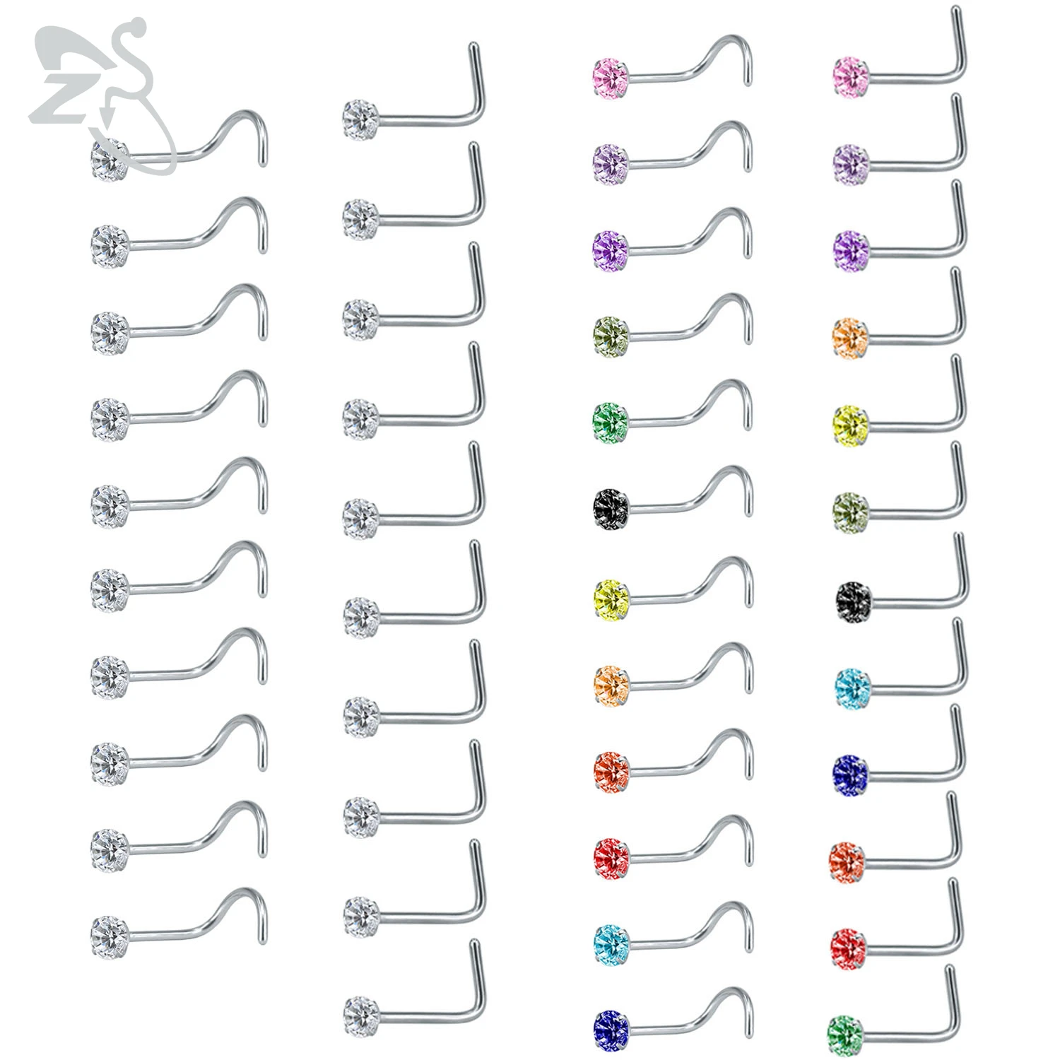 

ZS 8-14pcs/lot Stainless Steel Nose Stud Set 2MM Colorful CZ Crystal Nose Piercings Screw L Shape Nostril Piercings Jewelry 20g