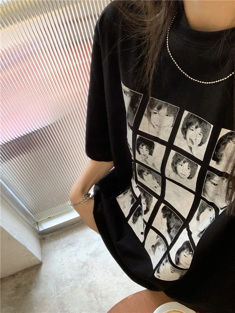 

Spring Summer Women T Shirt Short Sleeve Loose Split Cute Head Print T-shirt Female Tops