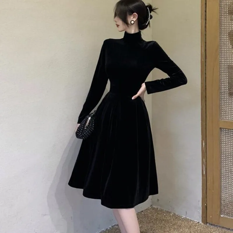 Платье-водолазка женское бархатное с высокой талией винтажное | Женская одежда